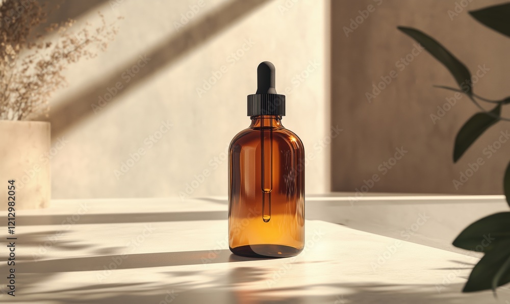 Amber glass dropper bottle with pipette, natural light, minimalistic setting, soft shadows, modern aesthetic, skincare product display Amber glass dropper bottle with pipette, natural light, minimalistic setting, soft shadows, modern aesthetic, skincare product display