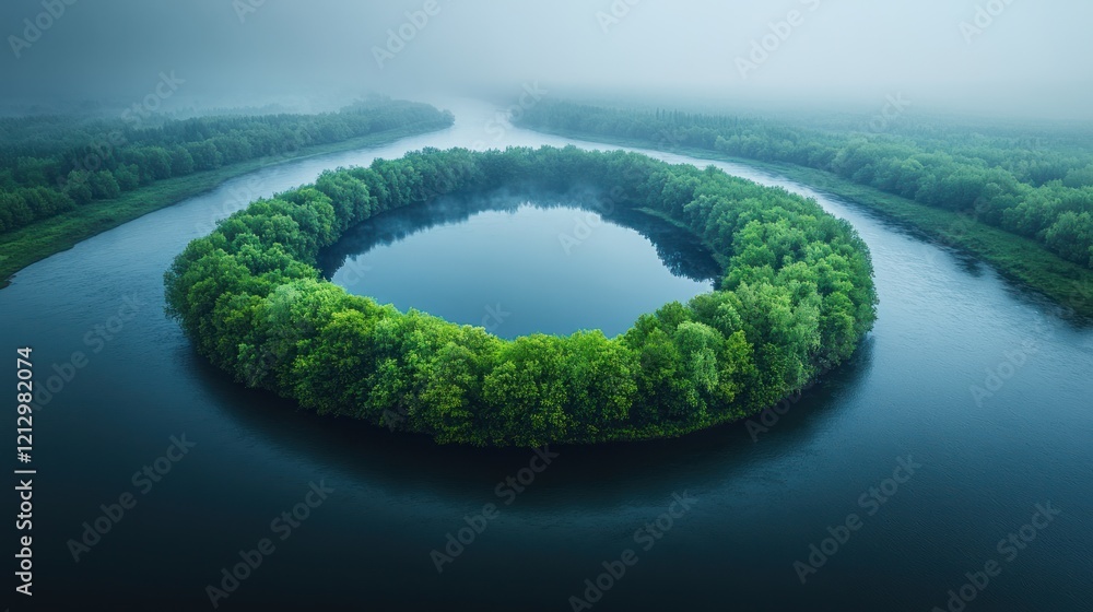 Foggy river circling green island, aerial view Foggy river circling green island, aerial view