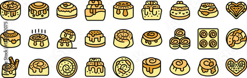 Sweet cinnamon roll icons depict various styles of the delicious pastry, often drizzled with icing, stacked, or shaped into hearts