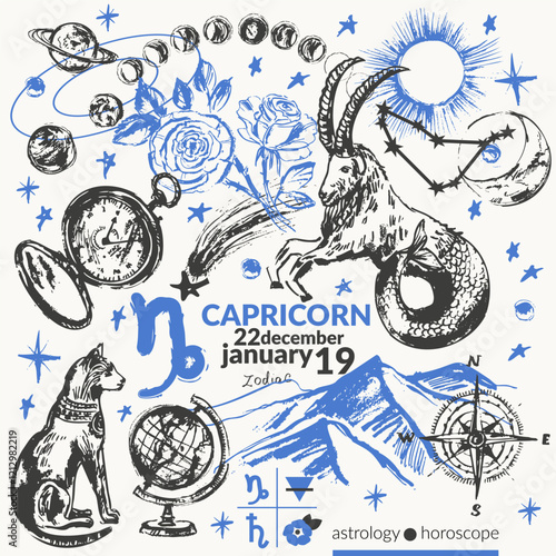 Hand drawn capricorn zodiac signs illustration, horoscope background with astrology symbols and talismans