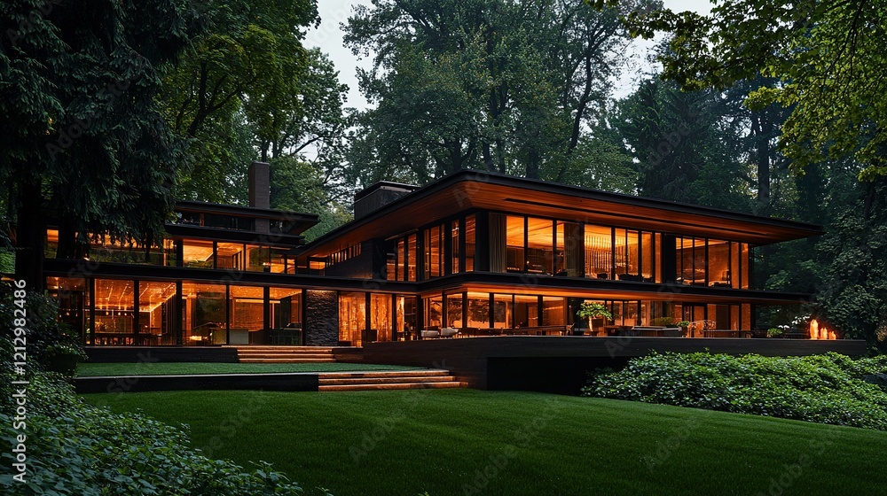 Modern house, forest setting, twilight, illuminated interior, real estate. Modern house, forest setting, twilight, illuminated interior, real estate.