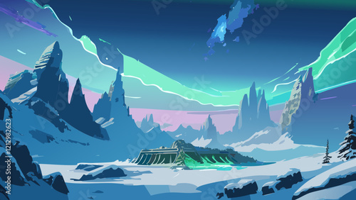 Majestic winter landscape with glowing auroras over ancient ruins and towering ice peaks in a remote wilderness