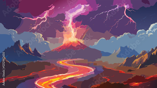 Majestic volcanic eruption with lightning striking over mountain landscape during twilight skies