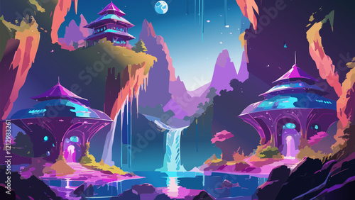 Vibrant fantasy landscape with glowing structures and a serene waterfall under a starry night sky