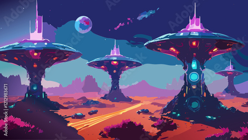 Futuristic landscape with hovering structures under a vibrant sky and distant mountains at twilight