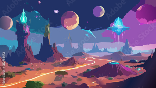 Colorful alien landscape with vibrant planets and luminous structures in a distant galaxy setting
