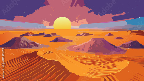Vibrant sunset over a stylized desert landscape with rolling dunes and distant mountains