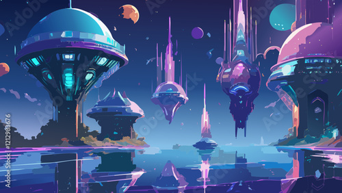 Futuristic cityscape with colorful domed structures reflecting in serene waters under a starry sky