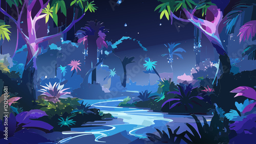 Vibrant tropical landscape with winding river under a night sky filled with colorful plants and trees