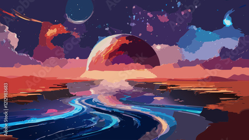 Colorful cosmic landscape with a winding river and distant planets at sunset