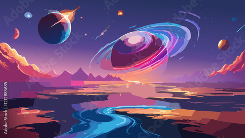 Beautiful cosmic landscape with colorful planets and swirling rings under a twilight sky