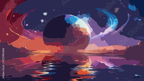 Surreal landscape with a giant egg reflecting in calm waters during a cosmic twilight