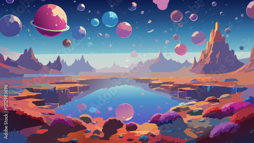 Colorful fantasy landscape with vibrant planets reflecting in a serene lake during twilight