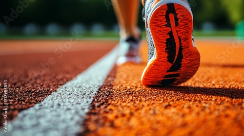 The texture of a runner's track spikes' sprint plate, outdoor setting with track lanes, Dynamic style photo