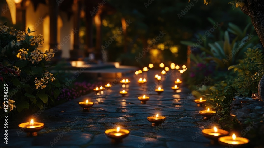 A serene Diwali evening scene with glowing oil lamps scattered across a garden path, leading to a beautifully lit home A serene Diwali evening scene with glowing oil lamps scattered across a garden path, leading to a beautifully lit home