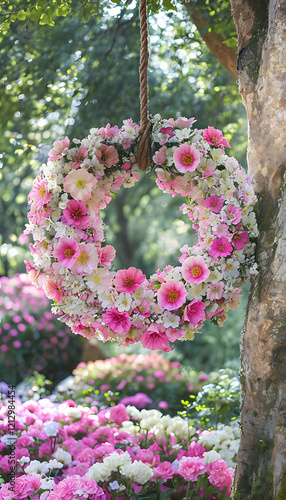 pink and white flowers Serene Garden Scene With Colorful Floral Wreath Hanging