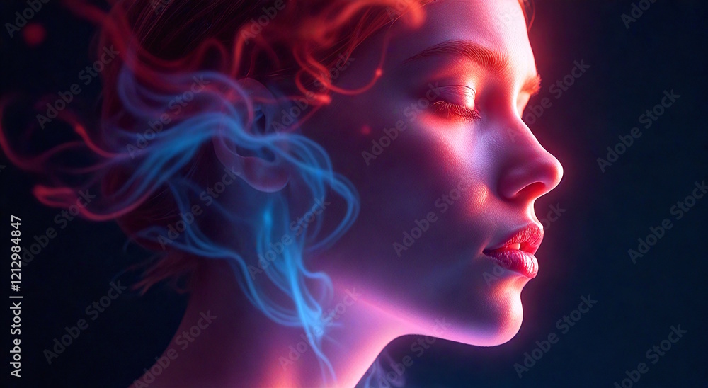 Profile of young woman with glowing red and blue light highlights. Concept of futuristic beauty, innovation, and energy balance Profile of young woman with glowing red and blue light highlights. Concept of futuristic beauty, innovation, and energy balance