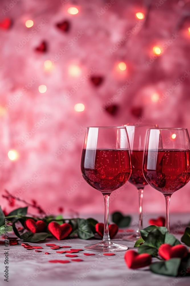 Romantic red drinks in elegant glasses surrounded by heart decorations and soft glowing lights, perfect for Valentine's Day celebration Romantic red drinks in elegant glasses surrounded by heart decorations and soft glowing lights, perfect for Valentine's Day celebration