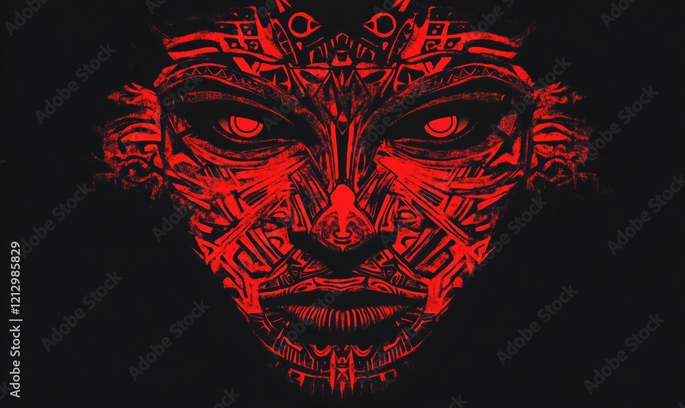 Intricate Red Tribal Face Art with Intense Eyes and Detailed Patterns on Black Background Intricate Red Tribal Face Art with Intense Eyes and Detailed Patterns on Black Background