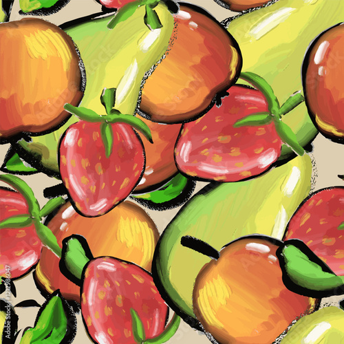 Funny seamless pattern with pears, apples and strawberries . Hand draw, oil texture. Brush strokes. Vector, isolated.  