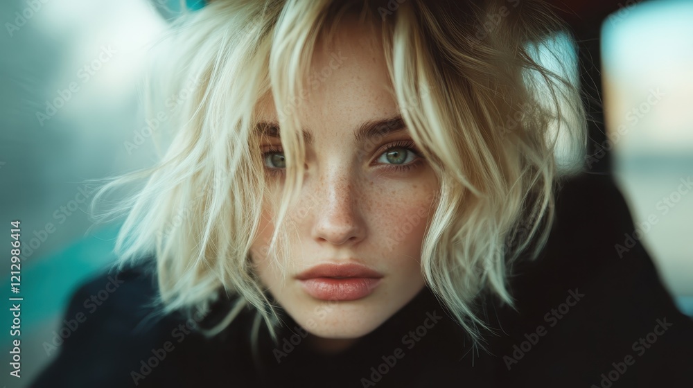 This striking close-up captures a young woman with tousled blonde hair and captivating green eyes, set against a blurred background that enhances her enchanting look. This striking close-up captures a young woman with tousled blonde hair and captivating green eyes, set against a blurred background that enhances her enchanting look.