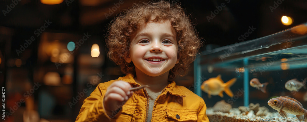 Smiling Child Enjoying Fish Display in Warmly Lit Aquarium Environment Smiling Child Enjoying Fish Display in Warmly Lit Aquarium Environment