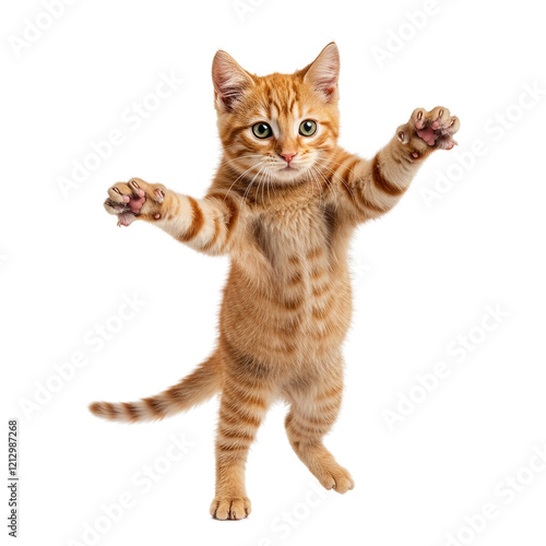 Cute orange tabby cat standing on isolated hind legs on a white background photo