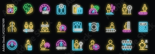 Neon icons representing people undergoing bmi measurements, using various tools like scales, calculators, and smart watches, emphasizing health and fitness tracking