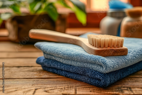 Natural wooden brush on folded blue towels in spa setting photo