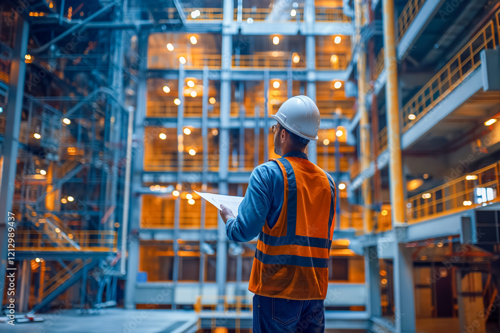 Young man architect in safety gear inspecting modern construction site indoor Young man architect in safety gear inspecting modern construction site indoor