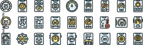 Diverse icons representing temperature regulation and monitoring interfaces, ideal for projects related to climate control, smart homes, and thermostats