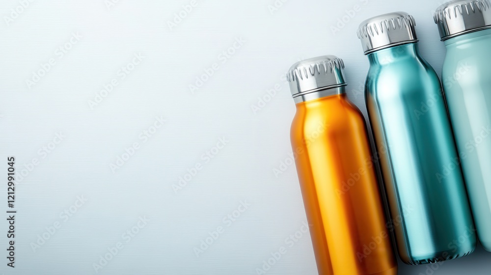 A vibrant collection of colorful metal water bottles arranged aesthetically, representing a trendy lifestyle and eco-friendly choices for hydration. A vibrant collection of colorful metal water bottles arranged aesthetically, representing a trendy lifestyle and eco-friendly choices for hydration.