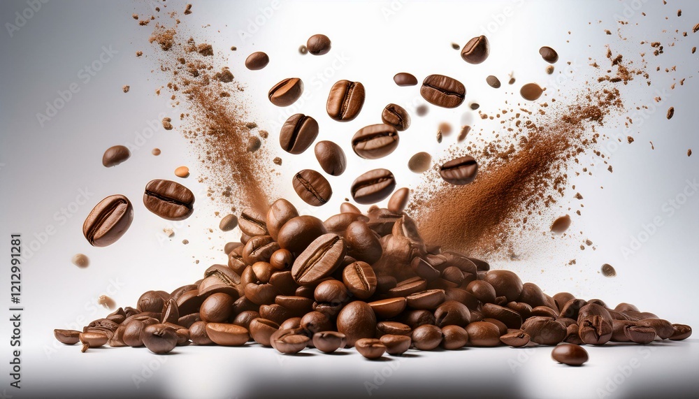 Obraz premium Explosión de granos de café tostados, Fondo Blanco neutro