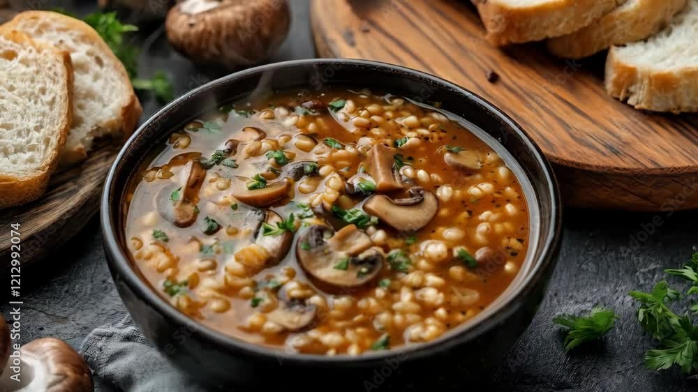 Sizzling mushroom risotto stirring with herbs and bread on rustic table Sizzling mushroom risotto stirring with herbs and bread on rustic table