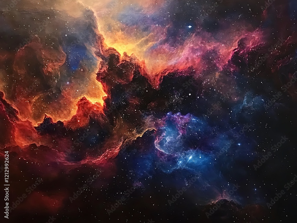 Fototapeta premium Stunning Cosmic Nebula with Vibrant Swirling Clouds of Gas and Dust in Deep Space, Showcasing a Colorful Interstellar Phenomenon with Dazzling Stars