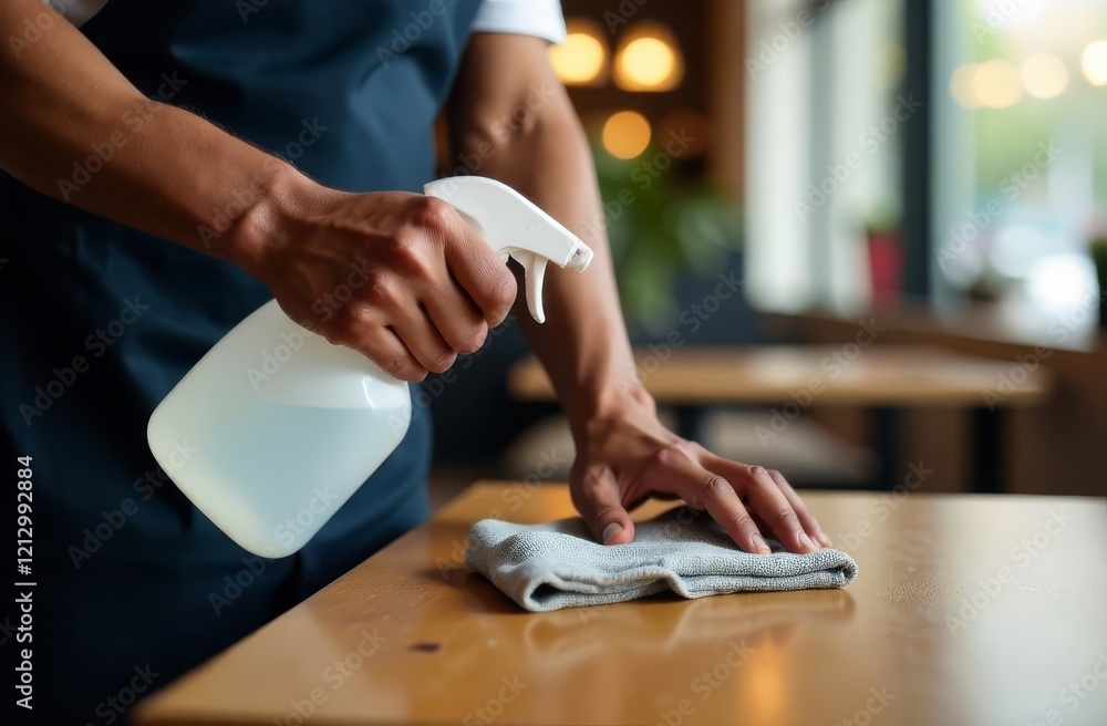 Fototapeta premium Close-up of an African American cafe employee cleaning a table with a disinfectant solution in a cafe for the safety of visitors, guests