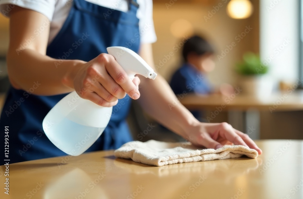 Obraz premium Close-up of a cafe employee washing a table with a disinfectant solution in a cafe for the safety of visitors and guests