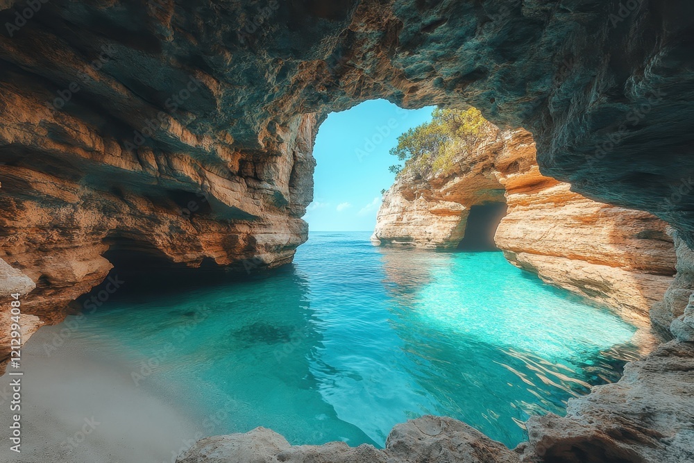 Fantasy Cave with Turquoise Water Flowing into Darkness Fantasy Cave with Turquoise Water Flowing into Darkness