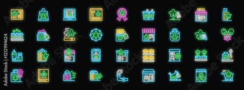 Neon icons representing various aspects of the cannabis industry, including dispensaries, products, cultivation, and online sales, highlight the growing legal marijuana market