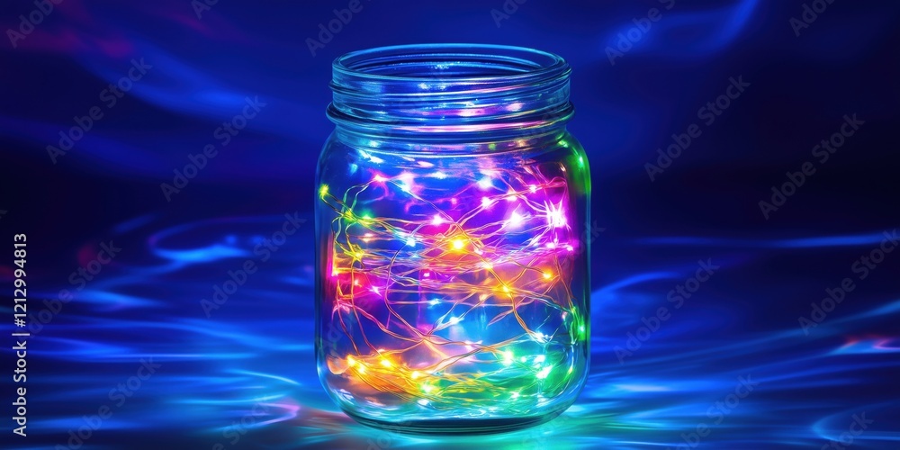 Colorful LED fairy lights in glass jar creating vibrant illumination against blue background Colorful LED fairy lights in glass jar creating vibrant illumination against blue background