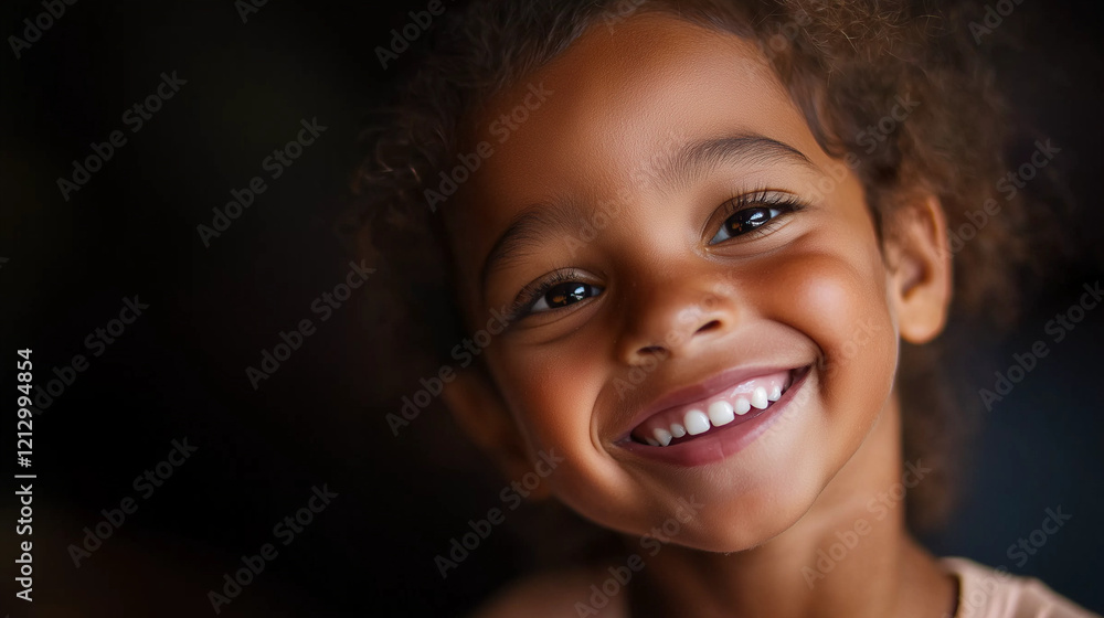 A happy child's smile radiates pure joy, lighting up their face on black background A happy child's smile radiates pure joy, lighting up their face on black background