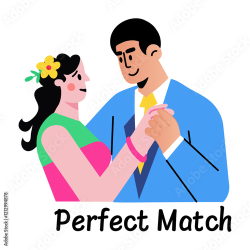 A flat sticker of romantic couple with perfect match typography