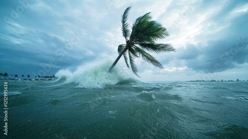 The artwork features a palm tree bending dramatically due to powerful ocean waves, illustrating the beauty and struggle of nature in challenging conditions. photo