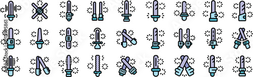 Set of uv lamp icons, ultraviolet light sterilization, disinfection, bactericidal lamp, quartz lamp emitting ultraviolet rays
