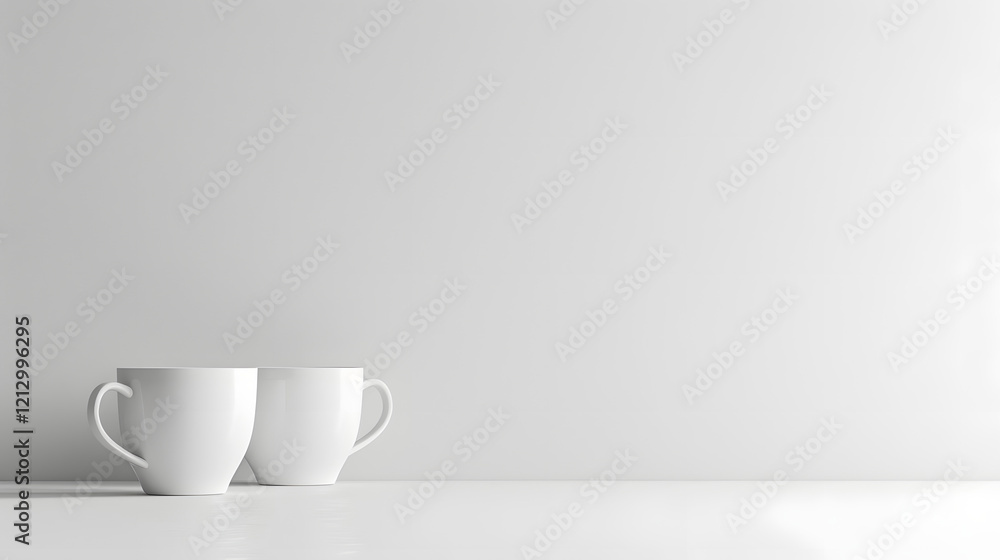 Two white ceramic cups resting on a clean table against a minimalist white background in soft natural light Two white ceramic cups resting on a clean table against a minimalist white background in soft natural light