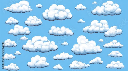 Cartoon clouds float on blue sky background, design element