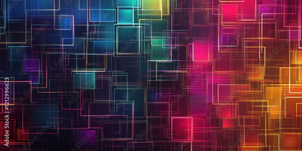 Colorful abstract geometric pattern with glowing lines and squares, vibrant hues of blue, pink, green, and orange creating a modern digital art background Colorful abstract geometric pattern with glowing lines and squares, vibrant hues of blue, pink, green, and orange creating a modern digital art background