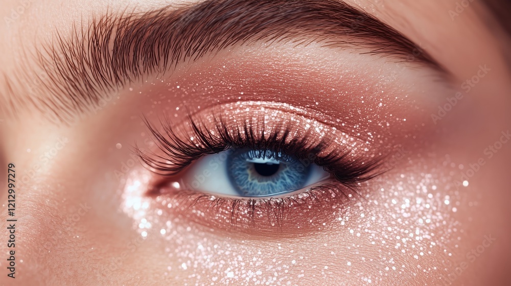 Obraz premium The woman’s eye sparkles with pink glitter makeup, her flawless lashes framing a striking blue iris that radiates beauty and charm.