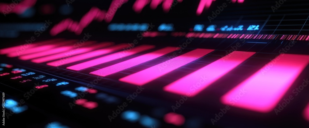 Analyzing Dynamic Data: Visualizing Trends and Patterns with Neon-lit Bar Charts, Exploring Complex Datasets for Market Insights and Financial Forecasting. Analyzing Dynamic Data: Visualizing Trends and Patterns with Neon-lit Bar Charts, Exploring Complex Datasets for Market Insights and Financial Forecasting.