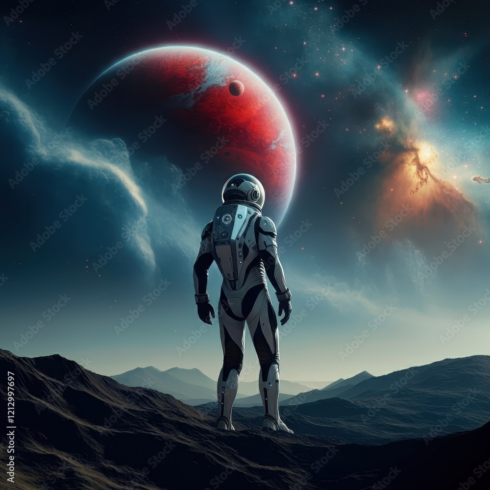 Astronaut silhouette, alien planet landscape, massive red planet in sky, mountainous terrain, dramatic lighting, cosmic view, science fiction scene, space exploration, starry sky, cinematic compositio Astronaut silhouette, alien planet landscape, massive red planet in sky, mountainous terrain, dramatic lighting, cosmic view, science fiction scene, space exploration, starry sky, cinematic compositio